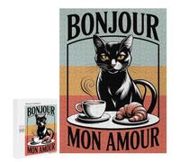 Puzzle Familial Bonjour Mon Amour Black Cat Coffee, 500 PCS, Illustration Détaillée, comme Loisir Polyvalent pour Les Amateurs De Puzzles