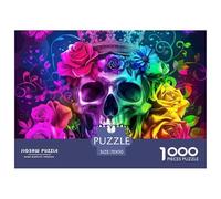 Puzzle Familial Cadeau 1000 pièces Crâne Couronne Roses Arc-en-Ciel, Activité Maison décoration Murale Adulte, 70x50cm