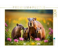 Puzzle · Famille de capybaras dans Une Prairie Fleurie et colorée | Un motif du calendrier Capybaras · Les capybaras, maîtres de… · 1000 pièces · Format assemblé 64 × 48 cm · CALVENDO Puzzle