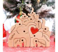 Puzzle Famille Éléphant en Bois Personnalisé Prénom 1-8, Puzzle Art en Bois, Puzzle Animaux, Décoration de Bureau, Cadeau pour Famille Texte Artistique Personnalisé, Cadeau de Noël pour Maman et Papa