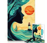 Puzzle Femme,Arbre et Mer 1000 pièces Jeu de logique et de réflexion Découpe Experte Artisanat d'exception Exercice Mental Calme à Faire à la Maison (38x52cm)