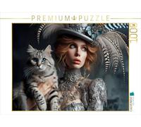 Puzzle · Femme élégante en Argent Style Boho avec Un Chat Gris Noir | Découvrez la symbiose parfaite du style et de la grâce, une… · 1000 pièces · Format assemblé 64 × 48 cm · CALVENDO Puzzle