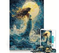 Puzzle Femme en Robe Bleue sous la Lune pour Adolescents,1000 pièces,découpe Laser pour Un Assemblage Parfait,Exercice Mental Calme à la Maison (38x52cm)