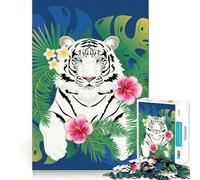 Puzzle Feuilles Tropicales Tigre Blanc 1000 Pièces pour Adolescents Stimule l'esprit Découpe Nette Composants Robustes Activité de Réunion Réconfortante (38x52cm)