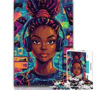 Puzzle Fille Noire Écoutant de la Musique pour Adultes et Adolescents, Jouets Éducatifs, Jeux Anti-Stress, Décoration Murale (38x26cm)