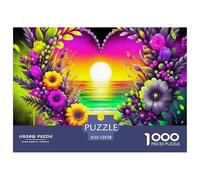 Puzzle Fleurs d'amour pour Toute la Famille Cadres en Forme de cœur Fleuri au Coucher du Soleil, pour Femmes, Hommes, Adultes et Enfants, 52x38 cm/1000pcs