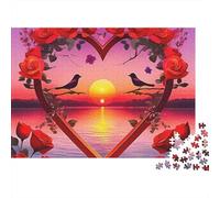 Puzzle Fleurs d'amour Rose Cœur Oiseau 1000 pièces Carton épais sans poussière Idéal Les Loisirs à la Maison,Les Vacances,Un Cadeau Toute la Famille,Adultes,débutants et 70x50cm/1000 pièces