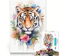 Puzzle Floral Aquarelle Tigre 1000 pièces Jeu de Concentration mentale Découpe de précision Bords Lisses Activité captivante pour des soirées tranquilles (50x75cm)