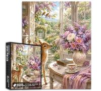 Puzzle floral printanier fauve 1000 pièces Scène de chalet de jardin pour | Scène de campagne sereine avec jeune cerf papillon lilas bouquet oiseaux chanteurs et service à thé taille finie 50 x 70 cm