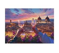 Puzzle Florence au Coucher du Soleil avec dôme et Verres levés | 38x26cm Paysage urbain italien, Ciel rose du soir, Vue sur les toits, Activité à partager, 1000 pièces