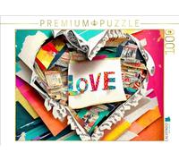 Puzzle · Fond Design coloré avec cœur et Texte Love | Belle œuvre d'art abstraite composée de magazines colorés… · 1000 pièces · Format assemblé 64 × 48 cm · CALVENDO Puzzle