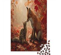 Puzzle Forêt d'automne, Renard, Chat tigré pour Adultes,38x26cm/1000pcs,Jeu ÉduChatif,décoration De La Maison,