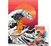 Puzzle géant Chat Orange Surfant sur Une Vague, 1000 Pièces, Jouet Cognitif pour Adultes, Moment de Lien et d'Assemblage, Cadeau de Père Noël (38x26cm)