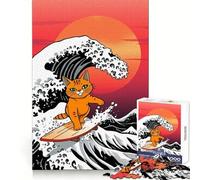 Puzzle géant Orange Cat Surfing Wave pour Adultes, 1000 pièces, pour stimuler la mémoire, se détendre et s'amuser Finitions précises Un Joli Cadeau (38x52cm)