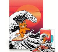 Puzzle géant Orange Cat Surfing Wave pour Adultes, 1000 pièces, pour stimuler la mémoire, se détendre et s'amuser Finitions précises Un Joli Cadeau (38x52cm)