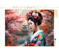 Puzzle · Geisha au Printemps avec Un Temple en arrière-Plan | Représentation créée par IA d'une geisha en harmonie avec la… · 1000 pièces · Format assemblé 64 × 48 cm · CALVENDO Puzzle