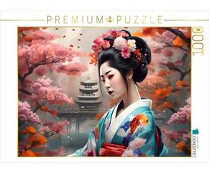 Puzzle · Geisha au Printemps avec Un Temple en arrière-Plan | Représentation créée par IA d'une geisha en harmonie avec la… · 1000 pièces · Format assemblé 64 × 48 cm · CALVENDO Puzzle