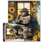 Puzzle gorille amusant de 1000 pièces pour adultes - Puzzle animal de salle de bain avec lunettes, lecture, journal, toilettes, casse-tête humoristique fantaisiste rustique décoration d'intérieur