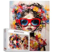 Puzzle graffiti 1000 pièces pour adultes, familles (petite fille avec lunettes rouges) 1000 pièces s'adaptent parfaitement ensemble 19,7 x 27,6 pouces Fille avec fleurs Frameable Doodle Magic Puzzle