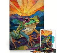 Puzzle Grenouille Coucher de Soleil en Vitrail pour Adolescents 1000 Pièces Jeu Intelligent et Apaisant Découpe Facile Cadeau 38x26cm