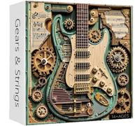 Puzzle Guitare Steampunk - Puzzle Adultes avec Engrenages et Cordes | Illustration de guitare composée d'engrenages tri numéroté, étapes de référence et système pour limiter les pertes de pièces.