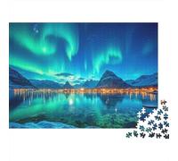 Puzzle Haute qualité 1000 pièces Nuit Aurore - Aurore réfléchie dans lac sous chaîne montagneuse, Premium Robuste, Vibrant, défi, Jeu Familial 38x26cm/1000pcs