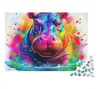 Puzzle Hippopotame 1000 pièces Adultes, Portrait Hippo éclaboussure Aquarelle, Difficile, épais, Robuste, Vibrant, Anti-Stress 52x38cm/1000pcs