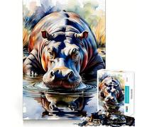 Puzzle Hippopotame Aquarelle dans l'eau 1000 Pièces Stimule l'esprit Amusant Découpe Nette Composants Robustes Divertissement captivant pour des Moments de détente à la Maison (38x26cm)
