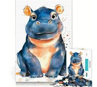 Puzzle Hippopotame Souriant Aquarelle 1000 Pièces Jeu de Mémoire Bords Lisses Emboîtement Parfait Une activité ludique pour occuper Les Heures vides (38x52cm)