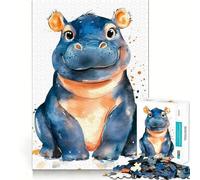 Puzzle Hippopotame Souriant Aquarelle pour Adultes,1000 Pièces,Jeu de Concentration,Découpe de Précision,Bords Lisse,Défi Amusant pour Passer Le Temps d'Attendre (38x26cm)