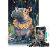 Puzzle Hippopotame Souriant avec Fleurs 1000 Pièces pour Adolescents Jeu Intelligent Passe-Temps à la Maison Découpe Précise Cadeau Attentionné 38x26cm