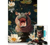 Puzzle Hippopotame Souriant dans Les Nénuphars pour Adultes 1000 Pièces Stimule la mémoire, Soulage Le Stress, Bords Lisses, 38x52cm