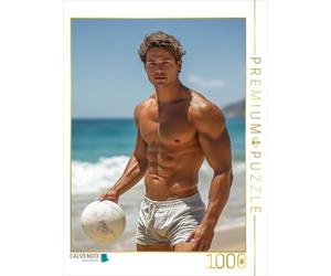 Puzzle · Homme séduisant avec Six-Pack à la Plage avec Volley-Ball dans Une | pose chaude · Corps d'homme bien entraîné devant une mer… · 1000 pièces · Format assemblé 64 × 48 cm · CALVENDO Puzzle