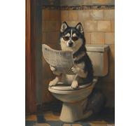 Puzzle Husky de Sibérie sur les toilettes - Puzzle de 1000 pièces - Chien insolite lisant du papier journal avec lunettes - Décoration de salle de bain - 50 x 70 cm