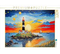 Puzzle · Île Phare au crépuscule sur Les Vagues | Phare rayonnant avec vue sur l'île dans la lumière du soir · 1000 pièces · Format assemblé 64 × 48 cm · CALVENDO Puzzle