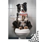 Puzzle Illustré 1000 Pièces avec Border Collie on Toilet, 70x50cm/1000pcs