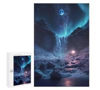 Puzzle Illustré - Aurora Borealis Over Frozen Waterfall, Jeu D’Assemblage en Bois, 1000 PCS, Cadeau De Pendaison De Crémaillère, pour Se Détendre À La Maison sans Écran
