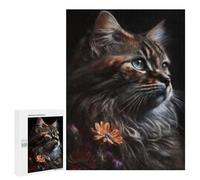 Puzzle Illustré - Floral Cat Art Print, Jeu D’Assemblage en Bois, 500 PCS, Cadeau D’Hiver; pour Partager Un Moment Autour De La Table