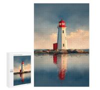 Puzzle Illustré Lighthouse on Rocky Islet ｜ Reflected Lighthouse at Sunset, 1000 PCS, pour Adultes, comme Passe-Temps Classique Pendant Le Temps Libre, pour Jouer Ensemble