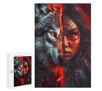 Puzzle Illustré - Red Native American Wolf, Puzzle-Image en Bois, 1000 PCS, Cadeau D’Anniversaire De Couple; pour Partager Un Moment Autour De La Table