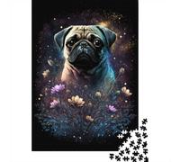 Puzzle Image 1000 Pièces avec Glowing Pug with Flowers, 38x26cm/1000pcs | Comme idée cadeau de Noël : ce puzzle 1000 pièces adulte propose un défi plus long pour les journées d'hiver.