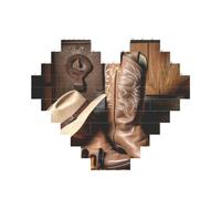 Puzzle imprimé cowboy chapeau noir bottes occidentales 10,8 x 12,8 cm, en forme de cœur, jeu stimulant pour adultes, cadeau familial, décoration murale décorative
