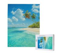 Puzzle imprimé île avec plage de sable et palmier avec boîte de rangement, puzzle en bois pour adultes et enfants, jeu décoratif amusant en famille, 38 x 52 cm