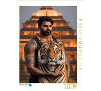 Puzzle · Indien avec Un Tigre Impressionnant Devant Un Temple illuminé | 1000 pièces · Format assemblé 64 × 48 cm · CALVENDO Puzzle