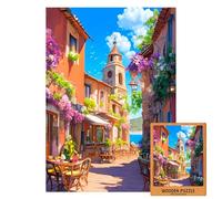 Puzzle italien côtier | Jigsaw of Sunny Café Street by The Sea | Mediterranean Puzzle Gift | Blooming Summer Art | 1000 (XXL-1000 PIECES)