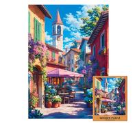 Puzzle italien Village | Wooden Jigsaw of Colorful Street with Flowers & Bell Tower | Romantic Summer Café Scene | Art Puzzle Gift | 1000 (M-100PIECES)