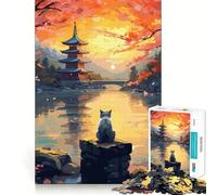 Puzzle Japonais Chat de la Nuit et de la Lune 1000 pièces pour Adolescents, améliore la mémoire, Offre Un Divertissement Silencieux et des Bords précis, Cadeau Artistique 50x75cm