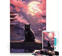 Puzzle Japonais Chat de la Nuit et de la Lune 1000 pièces pour Adolescents, Jouet cognitif, Loisir Silencieux, Bords de qualité supérieure, Cadeau de Noël 38x52cm
