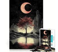 Puzzle Japonais Ciel Nocturne avec Lune Rouge de 1000 pièces pour Adolescents, idéal pour stimuler la mémoire, Jouer à l'intérieur et Offrir en Cadeau (50x75cm)