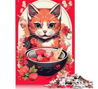 Puzzle Japonais en Carton 100% recyclé représentant Un Chat, Un Ramen et Un Rubis, Personnalisable, pour Adultes et Adolescents, Cadeau Unique, 1 000 pièces (75 x 50 cm)